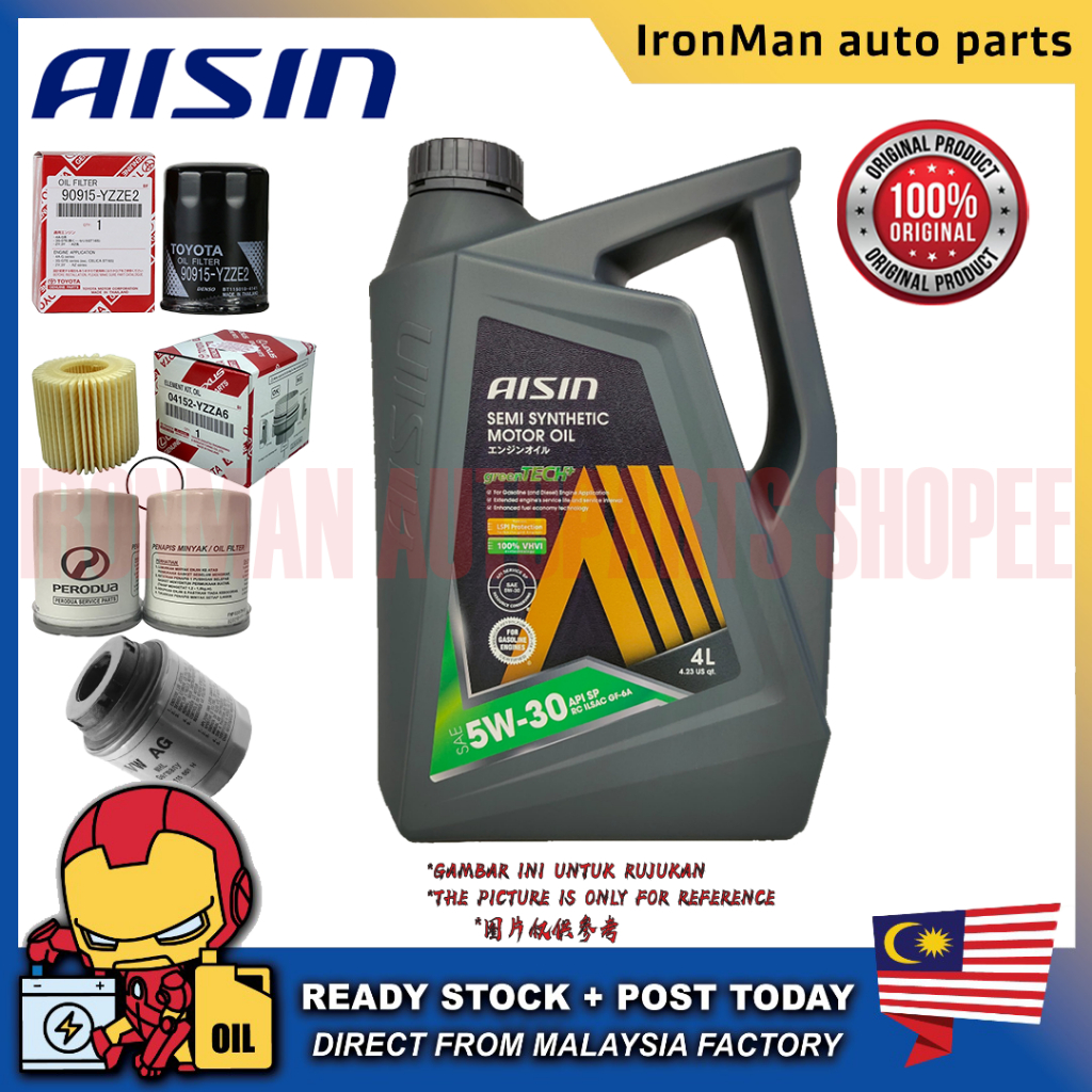 AISIN SEMI SYNTHETIC ENGINE OIL 5W30 API SP (RC ILSAC GF-6A) (4L) MINYAK HITAM COMBO OIL FILTER