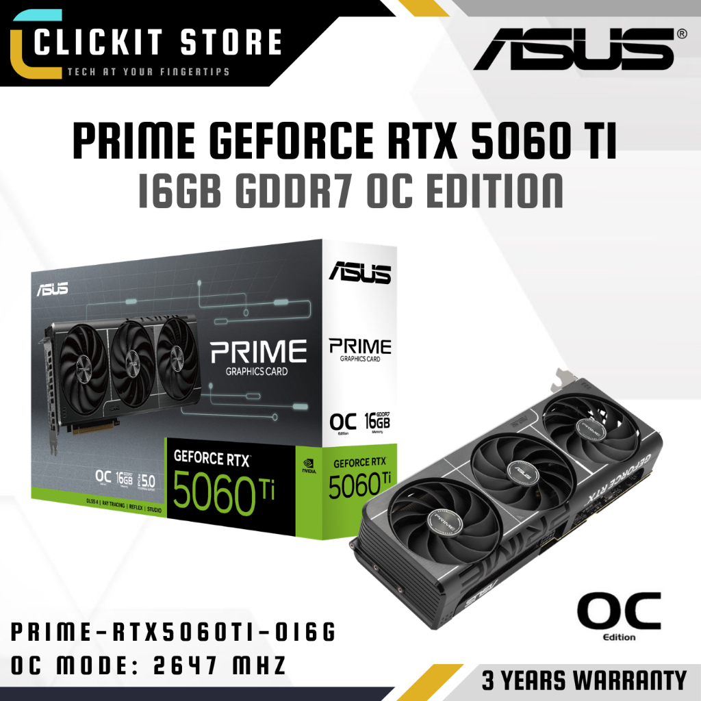 ASUS PRIME GeForce RTXTM 5060 Ti 16GB GDDR7 OC Edition Kad GPU กราฟิกการ์ด | PRIME-RTX5060TI-O16G