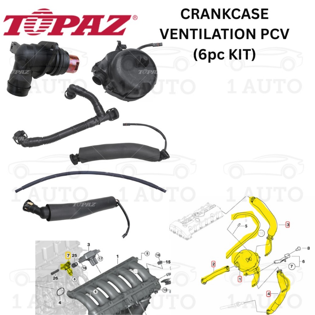 TOPAZ CRANKCASE VENTILATION (6 ชิ้น) ชุด BMW N52 ENGINE E90 E60 E63 E64 E65 E66 Z4 E85 E86