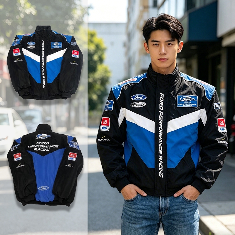 F1 Ford Blue Classic Racing Jacket ผู้ชาย Motocycle ขี่ Windbreaker Jacket พร้อม Wind Collar