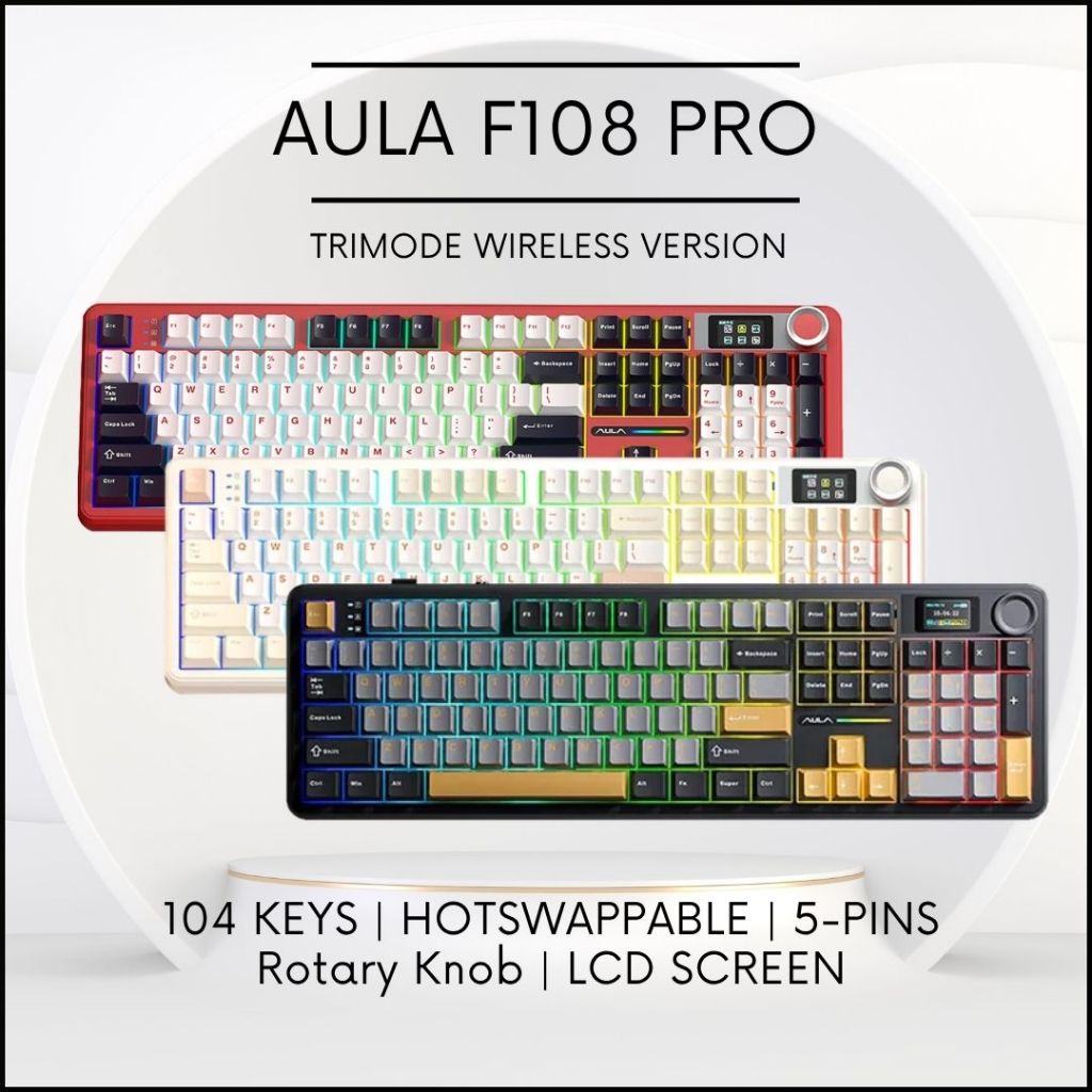 AULA F108 Pro Tri Mode Mechanical Keyboard หน้าจอ LCD ลูกบิดปะเก็น RGB ไร้สาย