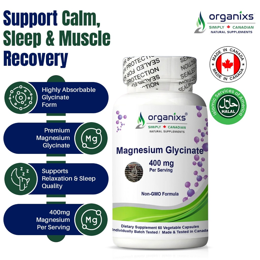 Organixs Magnesium Glycinate 400mg - แร่ธาตุสุดยอด "Unwind" | 60 หมวกผัก | ไม่ใช่จีเอ็มโอ