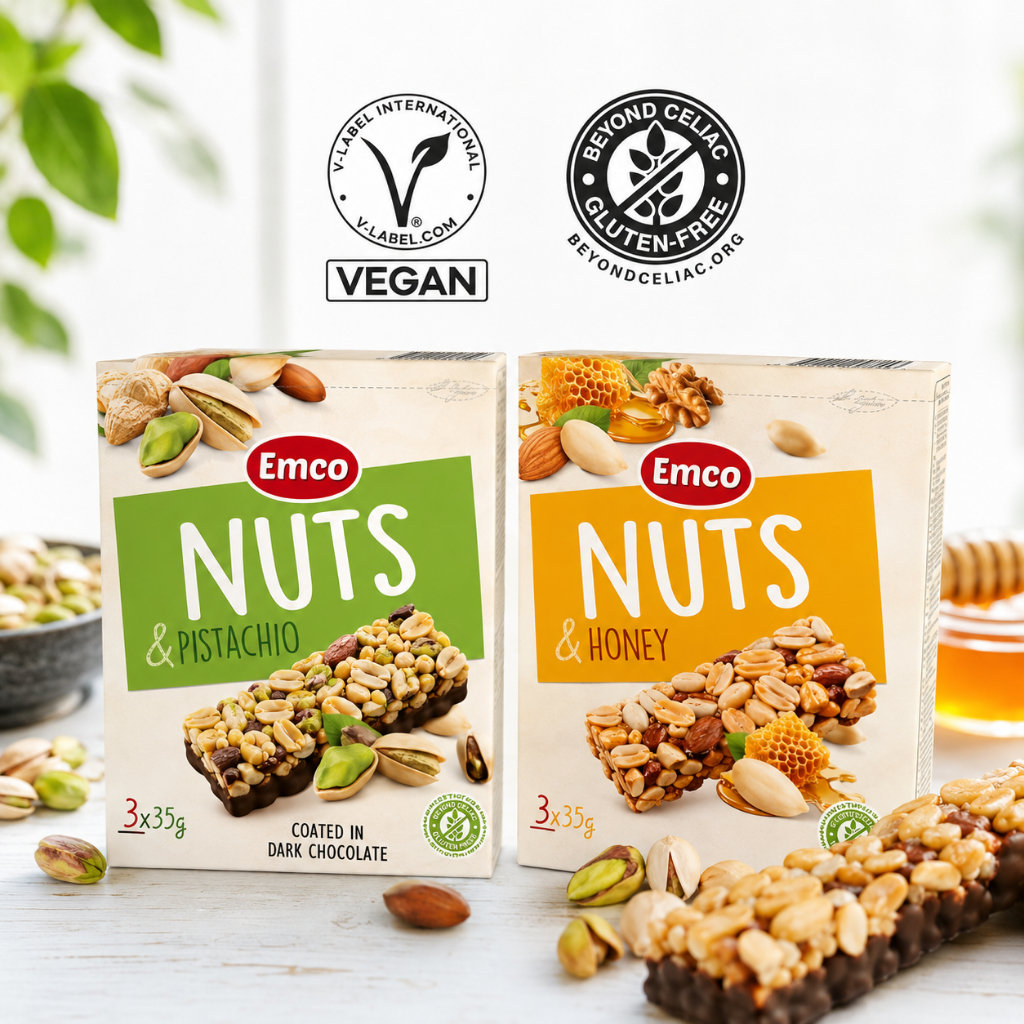 EMCO Bars Nuts 3x35gm, Honey & Nuts / Pistachio & Nuts, Gluten Free, Vegan, Snacks
