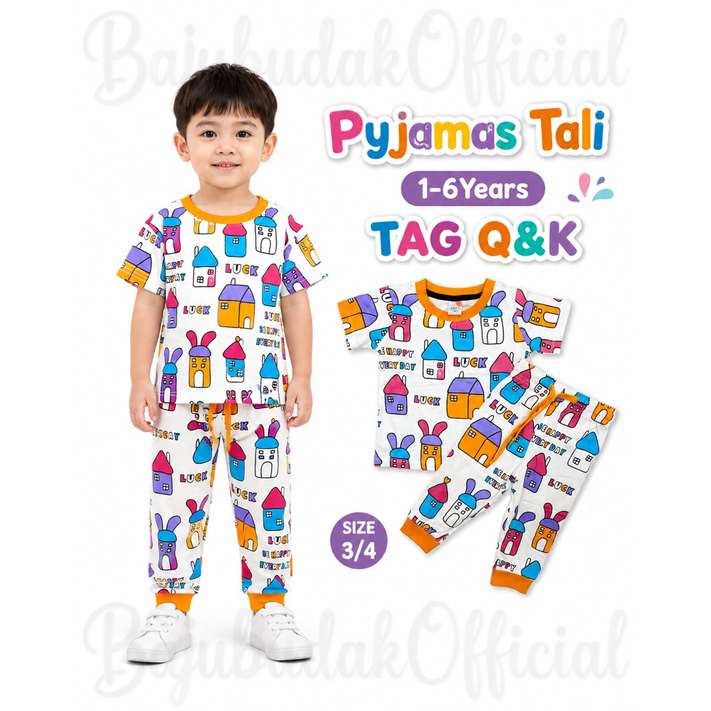 1Y-6Y ️Q&K ️COLOURFUL•HOUSE ️COTTON PAJAMAS PYJAMAS BOY SHORT SLEEVE ADJUSTABLE LONG PANT