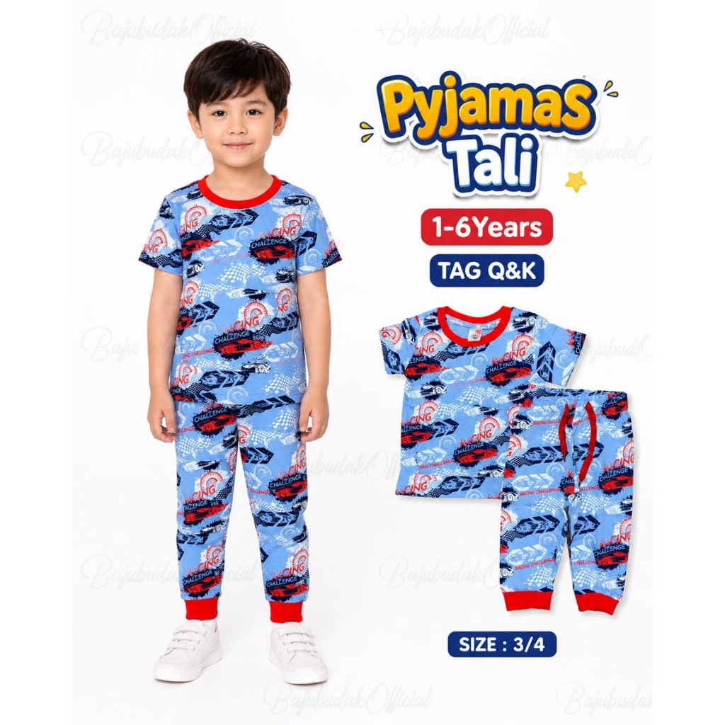 1Y-6Y ️Q&K ️RACING ️ KANGAROO POCKET COTTON PAJAMAS PYJAMAS BOY SHORT SLEEVE ADJUSTABLE LONG PANT