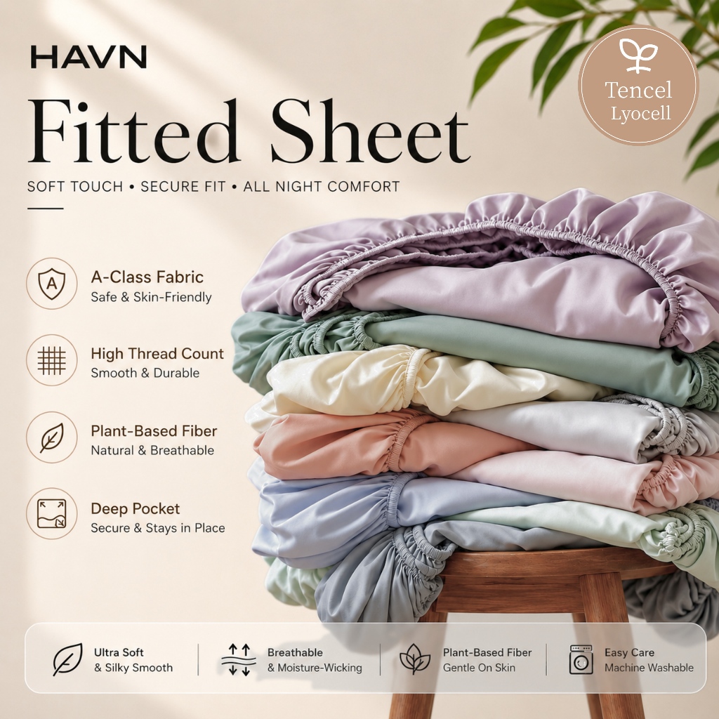 HAVN Tencel Lyocell แผ่นติดตั้งผ้าปูที่นอนผ้าฝ้ายผ้าคลุมเตียงลื่นติดตั้ง Cooling Soft Silky สีทึบ