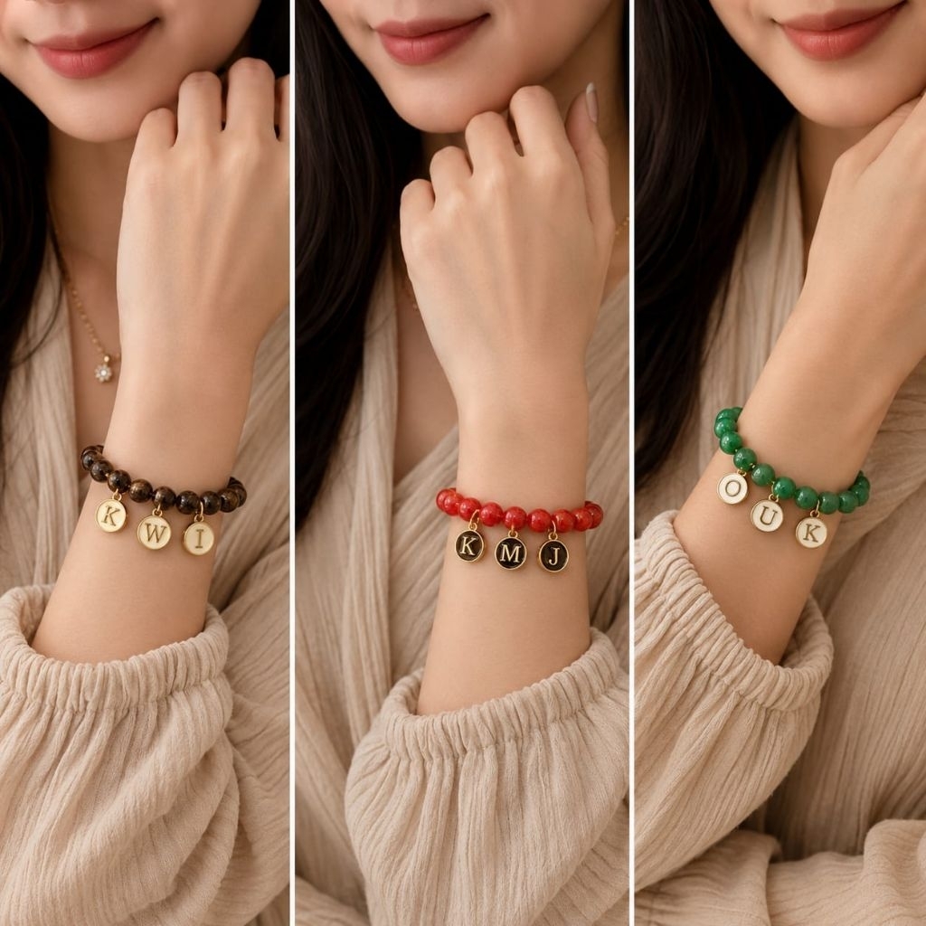 Intial Bracelet Intial Charm สร้อยข้อมือลูกปัดสร้อยข้อมือ Gelang Manik สีดํา Gelang Manik Hijau Gela
