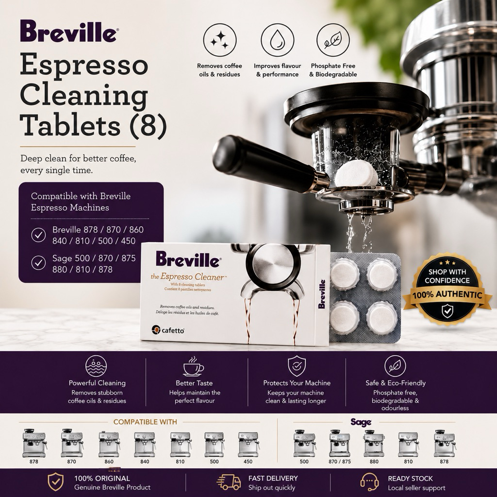 เม็ดทําความสะอาดเครื่องชงกาแฟ Breville Descaler และทําความสะอาด 8 เม็ดสําหรับกาแฟ Breville
