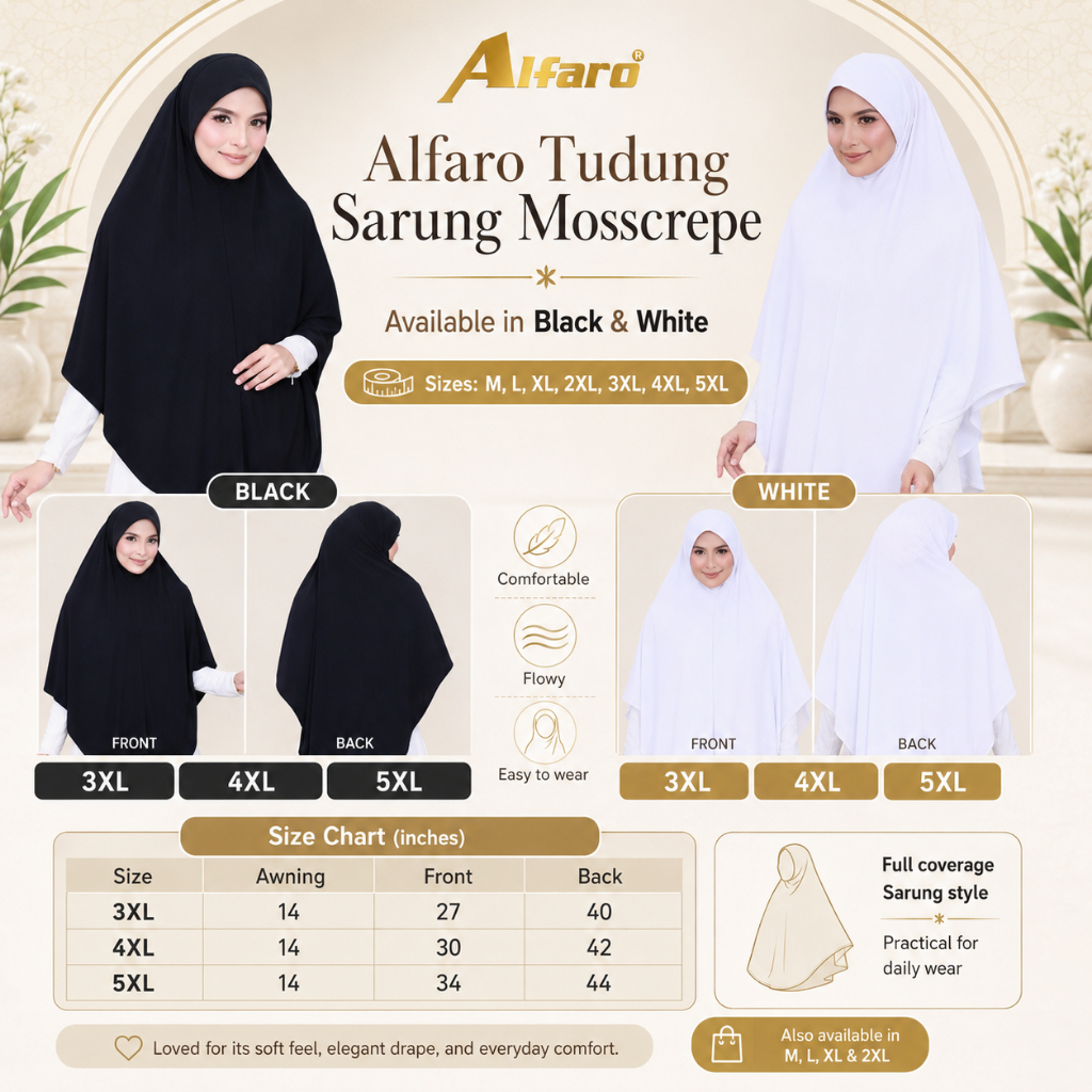 Alfaro Tudung Sar Mosscrepe + Size Instant Hijab Labuh สีดําสีขาว Saiz M-5XL Tudung Solat Umarh Haji