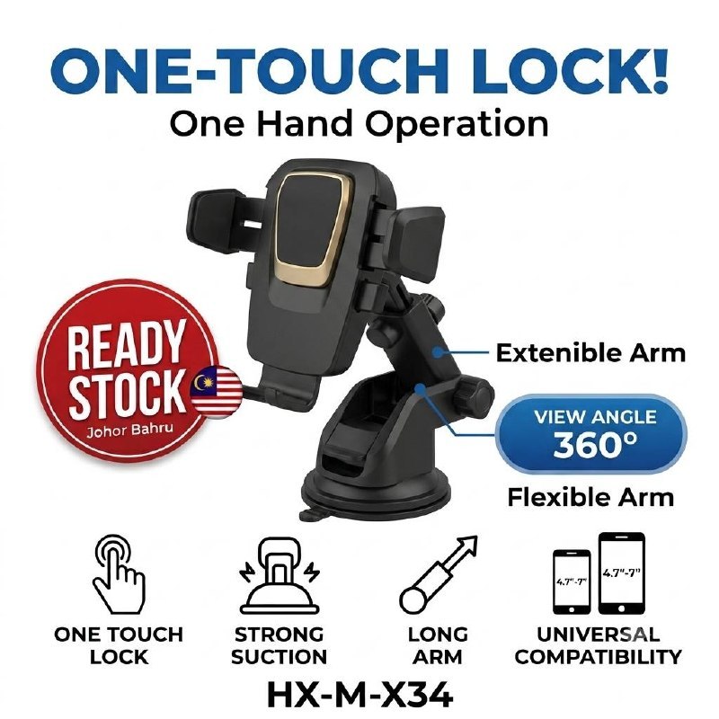 ที่วางโทรศัพท์ในรถยนต์อเนกประสงค์ HX-M-X34 ปรับได้คอยาวดูดถ้วย Mount One Hand Operation Dashboard กร