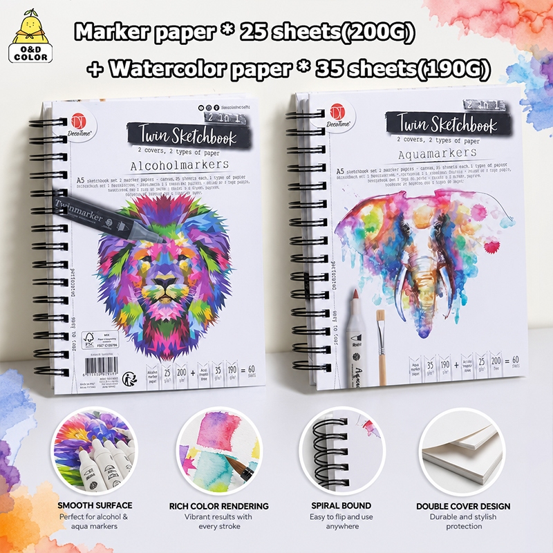 Deco Times Sketchbook A5/A4 60 แผ่นคุณภาพสูง 2in1 Marker และสีน้ํา Book Thicken กระดาษ 双面素本 高质量加厚