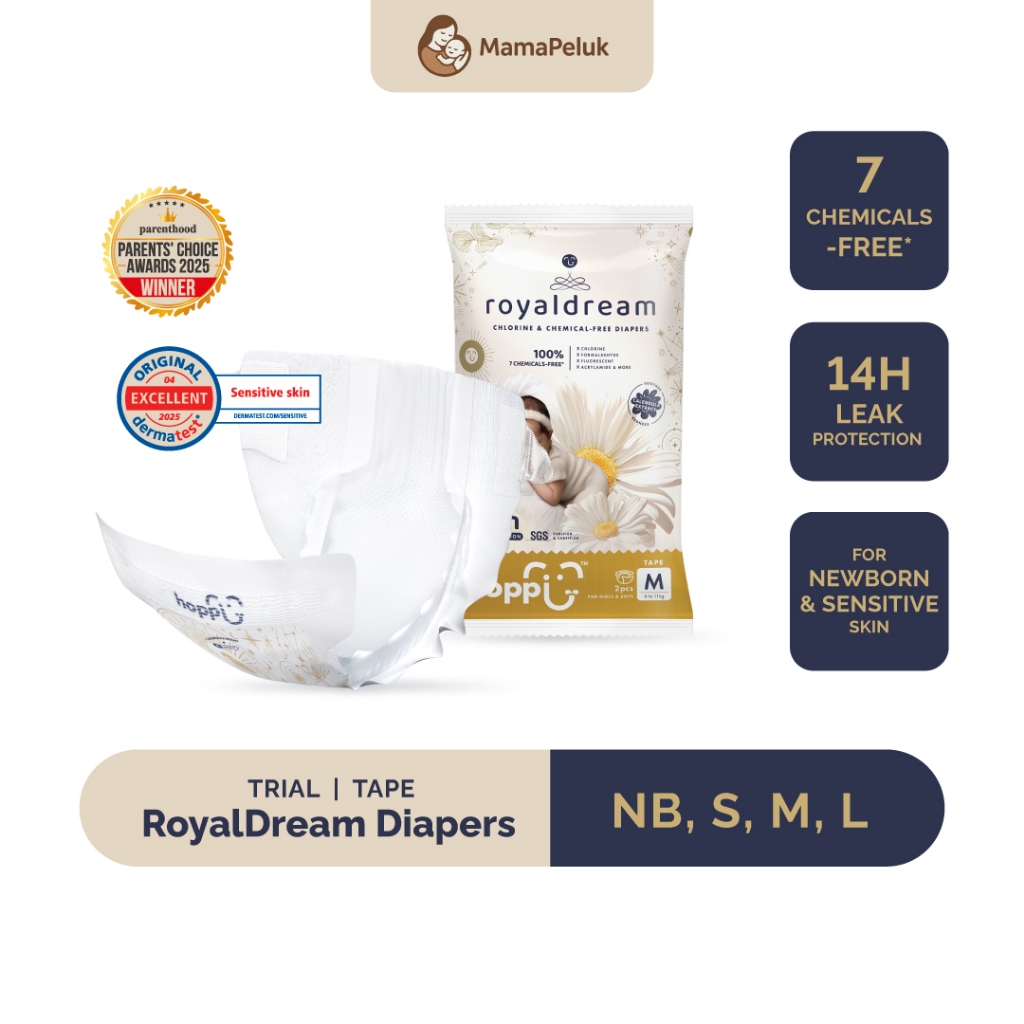 Hoppi RoyalDream เทปผ้าอ้อมเด็ก NB66/S56/M44/L40 (1 แพ็ค) 100% 7 สารเคมี-ฟรี*