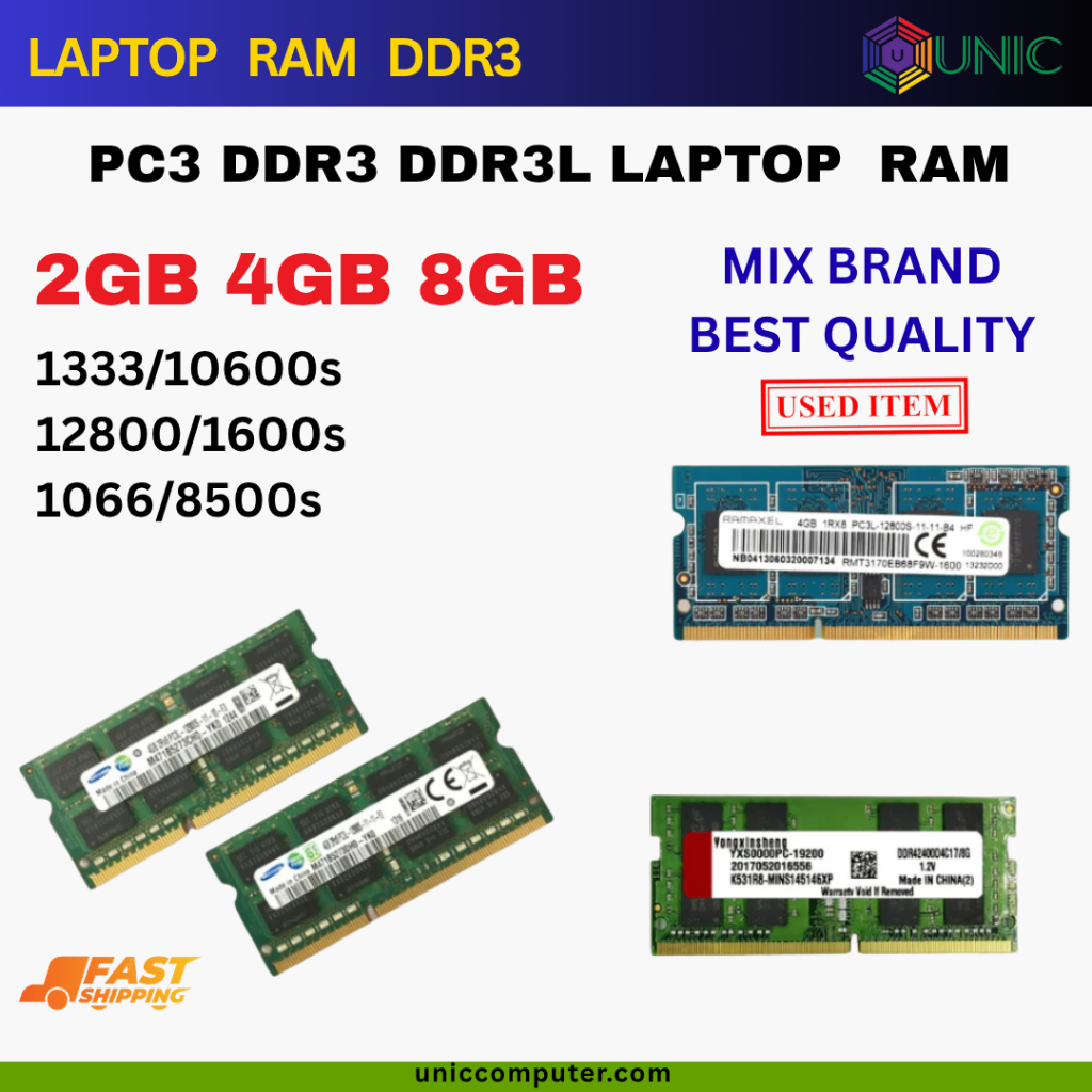 DDR3/PC3/DDR3L/PC3L 1Rx8/2Rx8 2GB/4GB/8GB 1333Mhz/10600s/12800/1600 แล็ปท็อปโน้ตบุ๊ค RAM [ใช้แล้ว]