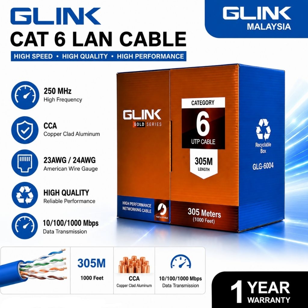 สาย Glink UTP Cat 6 Lan พร้อมสายเคเบิลเครือข่าย 24AWG / 23AWG 305 เมตร