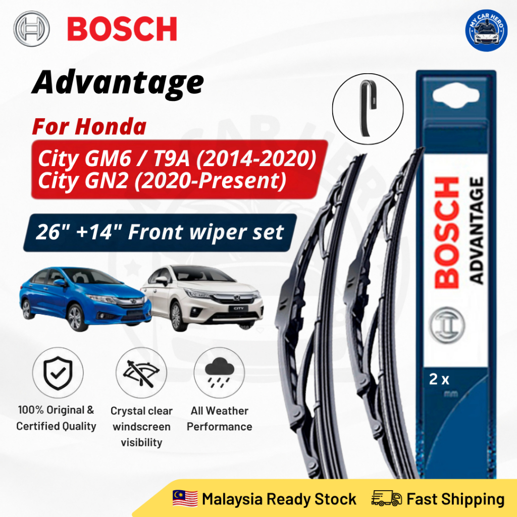 BOSCH Advantage BA2614 U Hook Wiper Set สําหรับ Honda City GM6 / T9A 3rd Gen (2014-2020) City GN2 (2