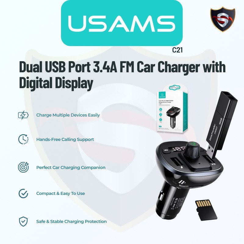 USAMS CC115 C21 บลูทูธเครื่องส่งสัญญาณ FM ที่ชาร์จแบตในรถ Dual USB 3.4A แฮนด์ฟรีคอลจอแสดงผลดิจิตอล U
