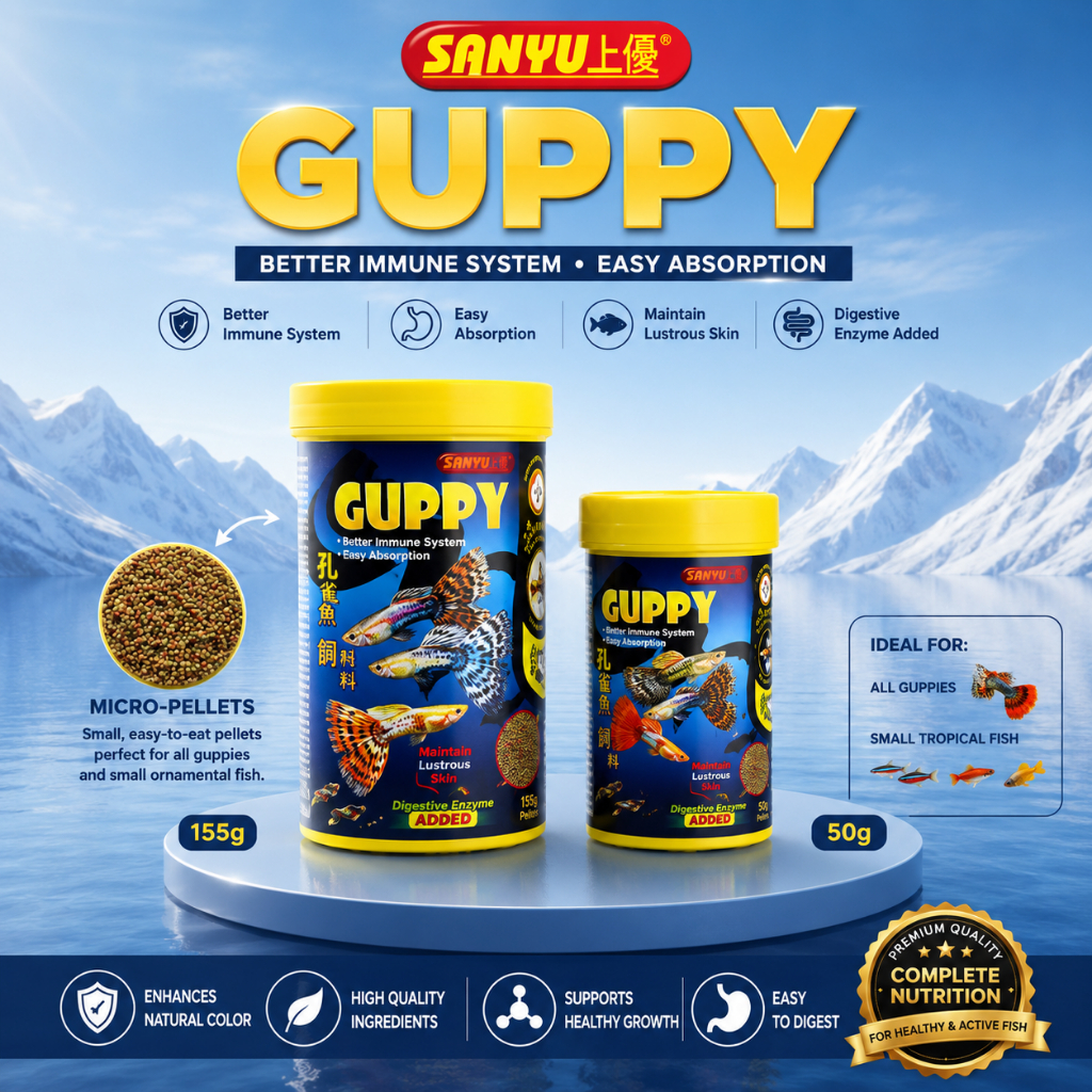 Sanyu Guppy (50g/155g) Mini Floating / Mirco Pellets Guppy Aquarium Fish Guppy อาหารปลาเม็ดเล็ก