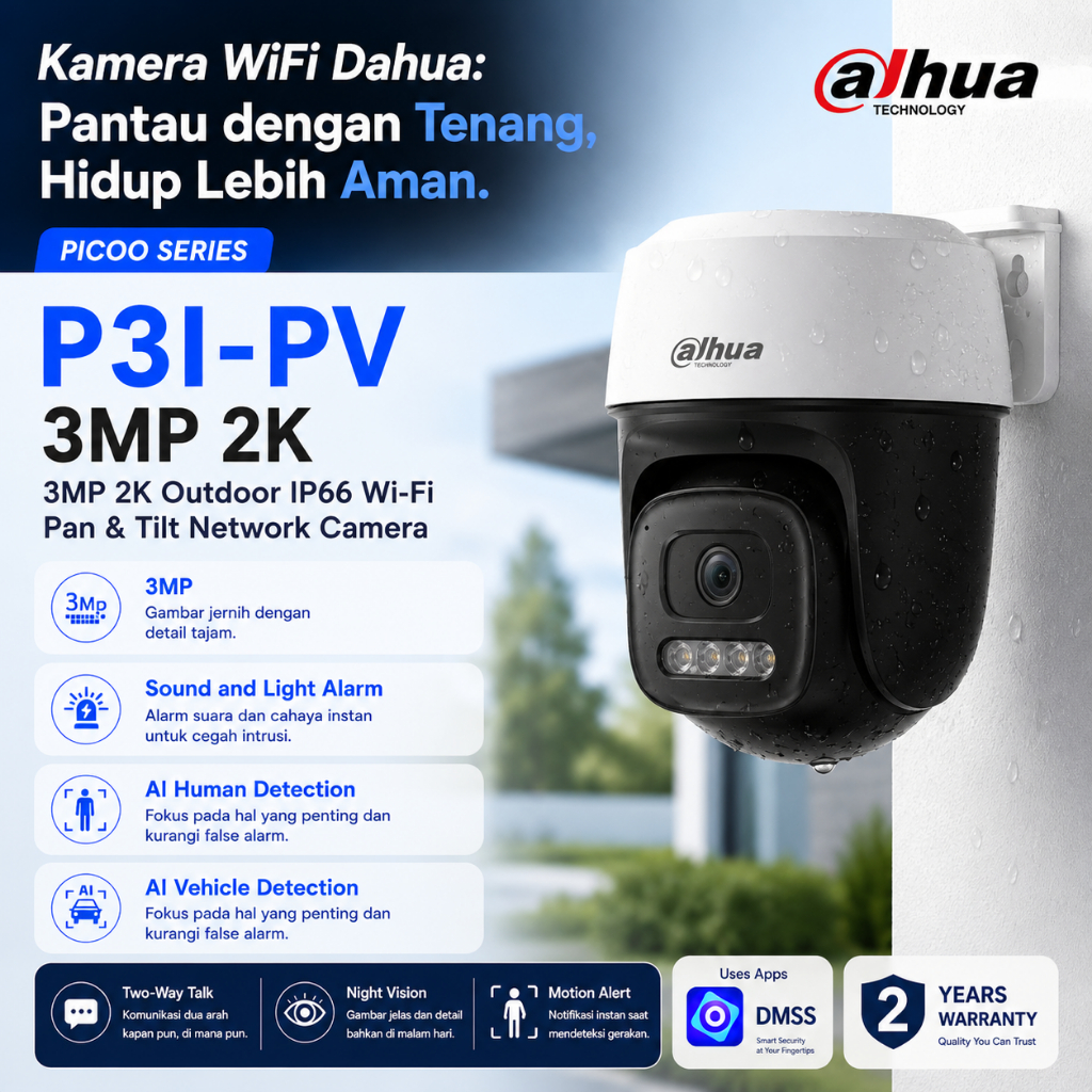 DAHUA PCOO P3I-PV P3AE-PV 3MP H.265 ฟรี 1 ปี Cloud การติดตามอัตโนมัติกลางแจ้ง Wi-Fi Pan & Tilt Alarm