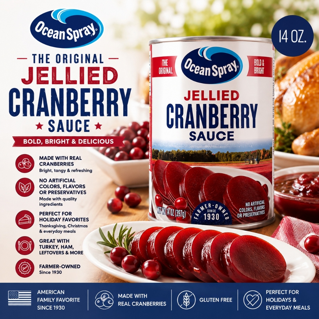 OCEAN SPRAY ซอสแครนเบอร์รี่ Jellied 397g 14oz ซอสแครนเบอร์รี่ทาร์ตหวานสําหรับตุรกี แฮม แซนด์วิชและขน