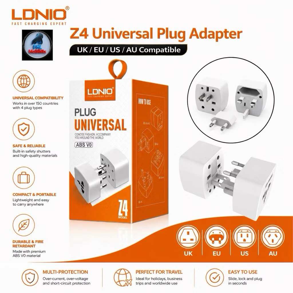 อะแดปเตอร์ปลั๊กสากล LDNIO Z4 พร้อมพิน UK/EU/US/AU