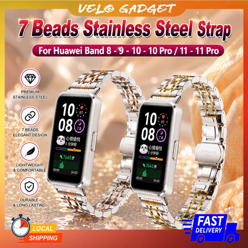 Slim 7 ลูกปัดสแตนเลสสตีลสําหรับ Huawei Band 8-9-10 Pro / 11-11 Pro Tali Jam ปรับ Tahan Karat 7 Manik