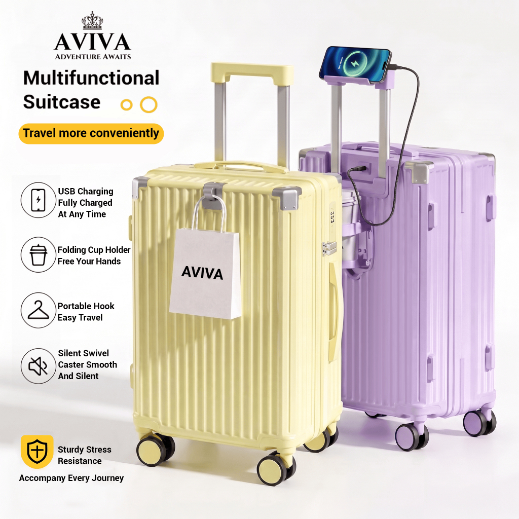 AVIVA กระเป๋าเดินทาง 20/24/28 นิ้ว USB ชาร์จที่วางแก้วกระเป๋ามัลติฟังก์ชั่น