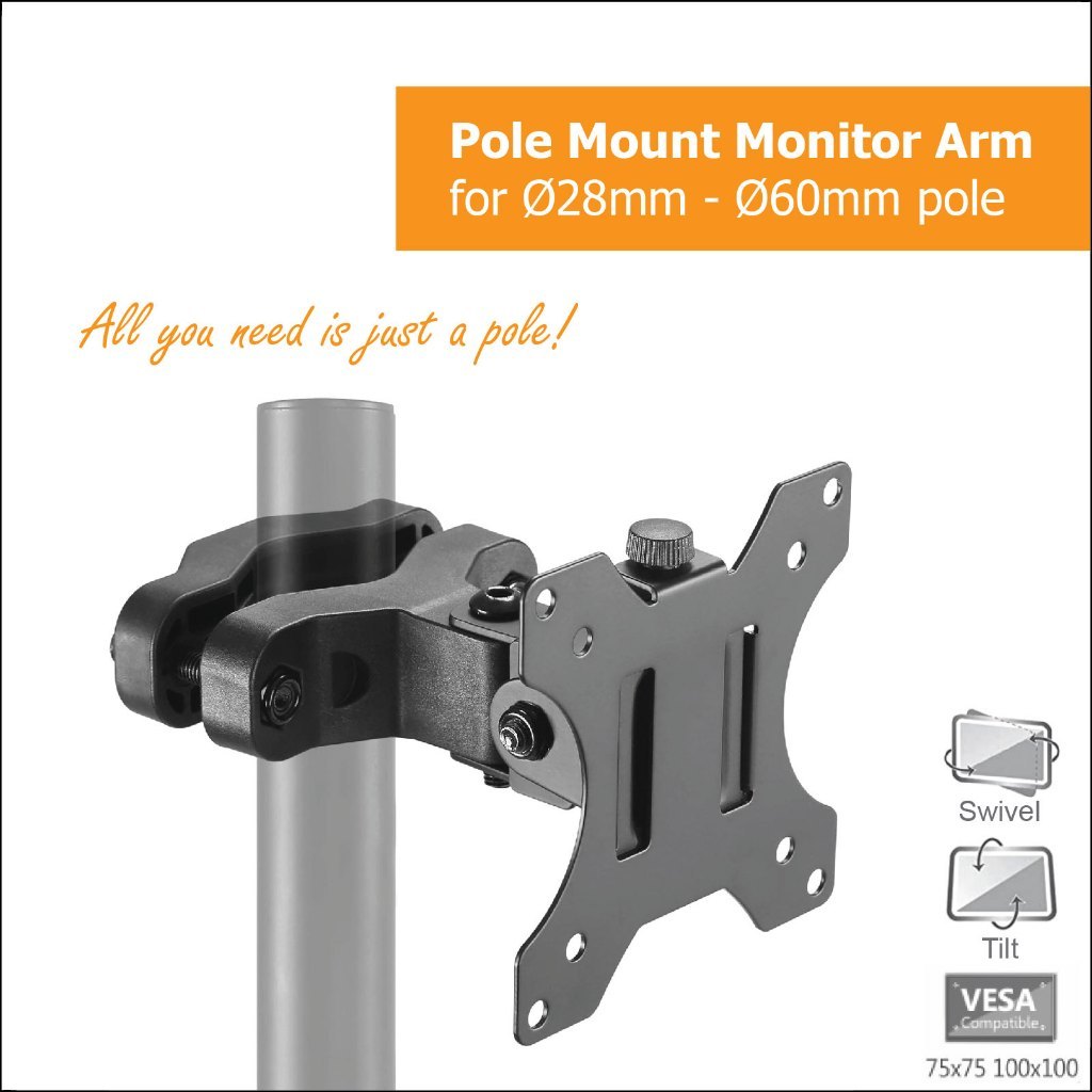 Pivot Pole Mount Monitor Arm TV Holder Bracket Tilt Swivel หมุน 28-60 มม. เส้นผ่านศูนย์กลางเสา VESA 100 มม.