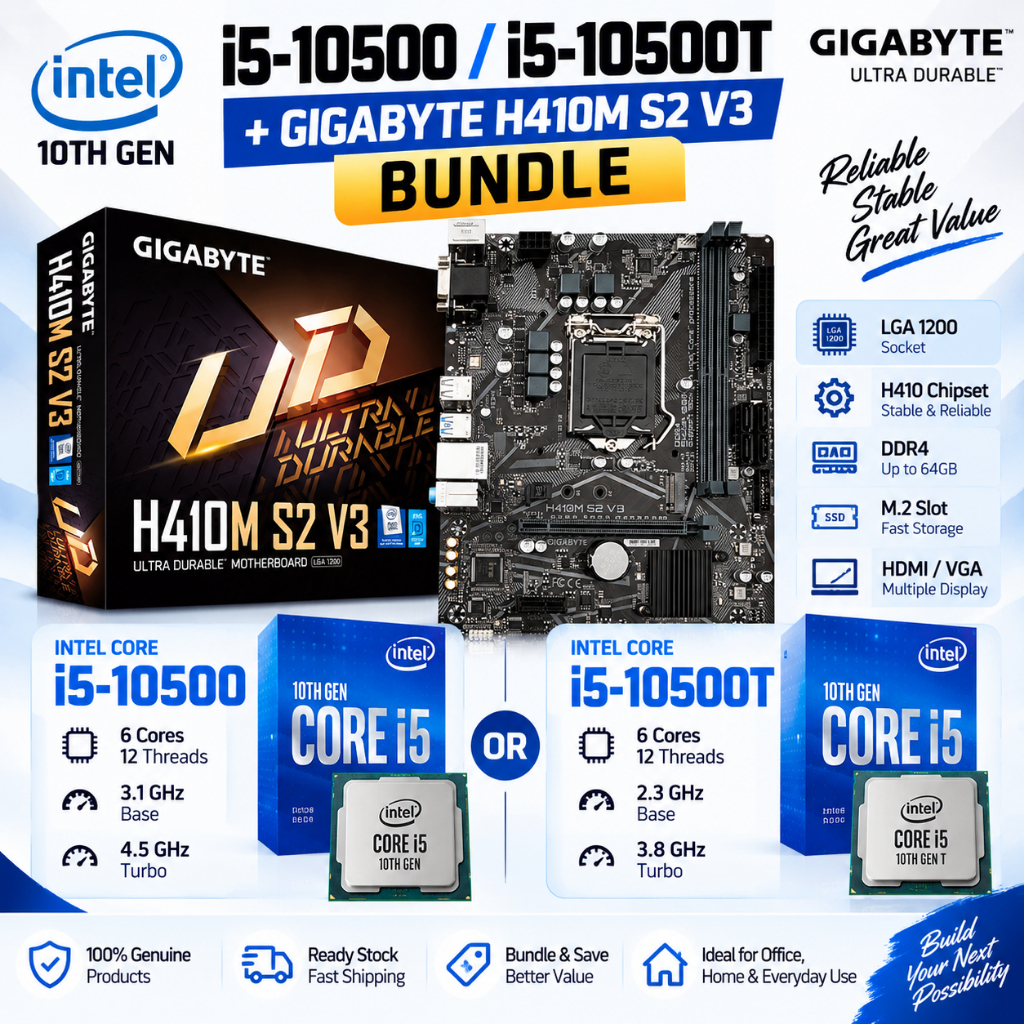 ชุดเมนบอร์ด Intel Core i5-10500 / i5-10500T + GIGABYTE H410M S2 V3 | ชุดคอมโบ LGA1200 DDR4