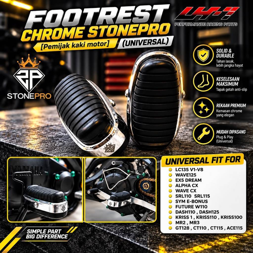 STONEPRO UNIVERSEL FOOTREST CHROME PEMIJAK KAKI MOTOR LC135 V1-V8 WAVE125 EX5 DREAM ALPHA CX WAVE CX