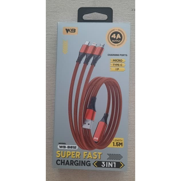 WB-B812 3in1 สายชาร์จเร็วสุด 4A เอาต์พุต (1.5M) Micro USB, Type-C, IP