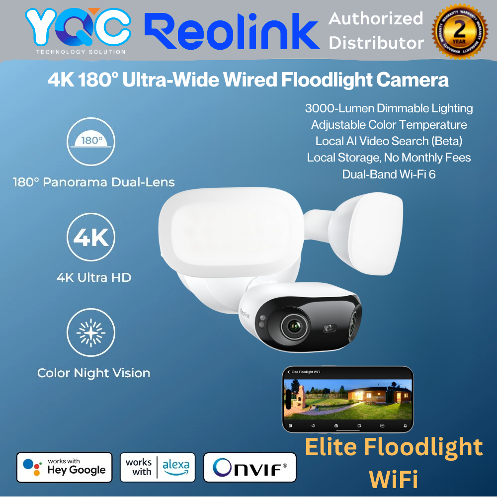 Reolink Elite Floodlight WiFi 4K Wi-Fi 6 Dual Lens 180 FOV 24/7 การบันทึก 3000 Lumen ท้องถิ่น AI ค้น