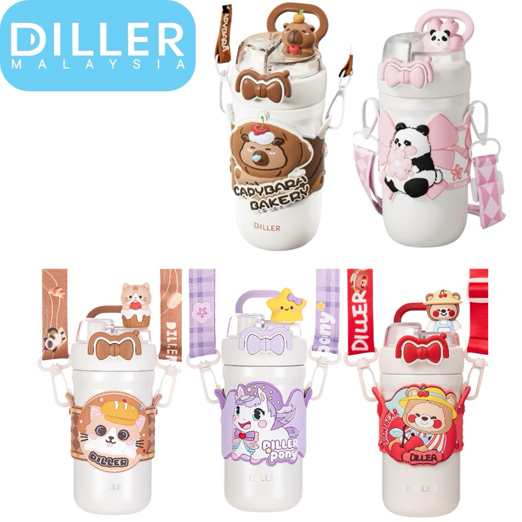 Diller Multipurpose Thermo straw direct Drink Bottle Botol Air With strap Capybara Panda (490ml)