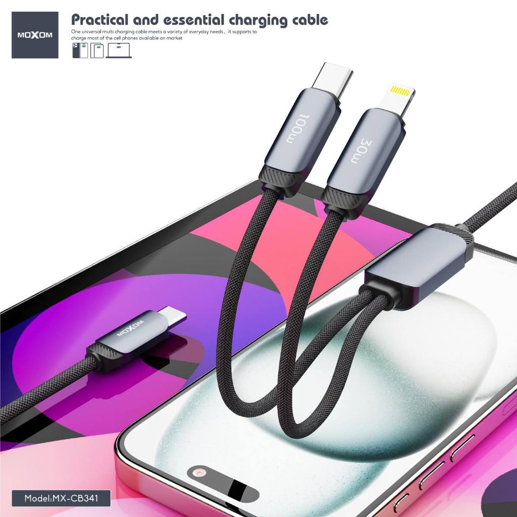 MOXOM MX-CB341 USB-C TO TYPE-C (PD100w) / USB-C TO IOS (30W) สายชาร์จเร็วดาวตก 2 IN 1 - 1.2 ม.