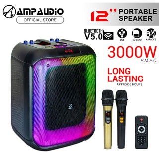 AmpAudio 12 Inch Portable Speaker Karaoke Speaker with 2 Mic Remote and Built-In Battery