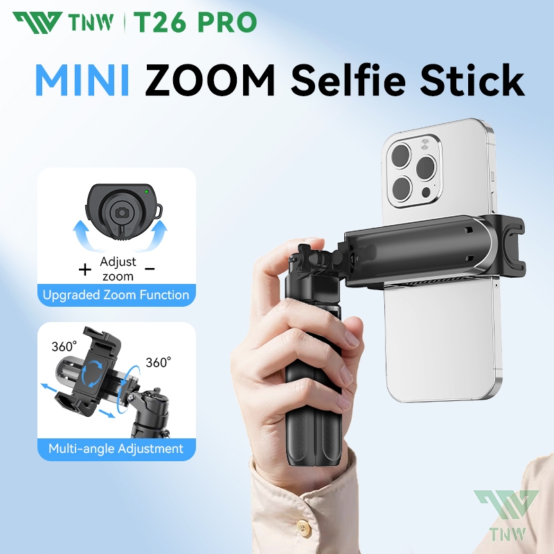 TNW T26pro Mini Selfie Stick ขาตั้งกล้องซูมปรับ 4in1 แบบพกพา Grip โทรศัพท์ขาตั้งกล้องบลูทูธระยะไกล