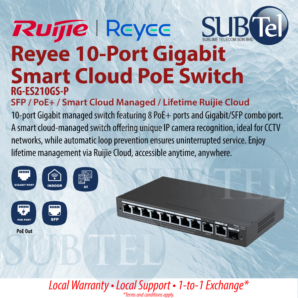 Ruijie Reyee RG-ES210GS-P 10 พอร์ต Gigabit Smart Cloud Managed PoE Switch 8-PoE+ 120W 2-Uplink RJ45 