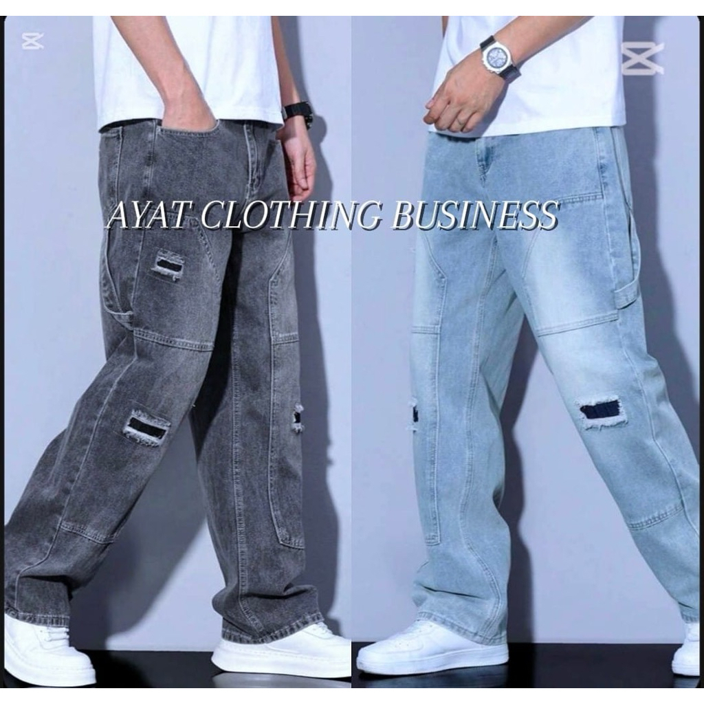 Mens Cargo Ripped Jeans Loose Fit/ Straight Cut (Acid wash) Long Ripped Jeans Pants kain Lembut
