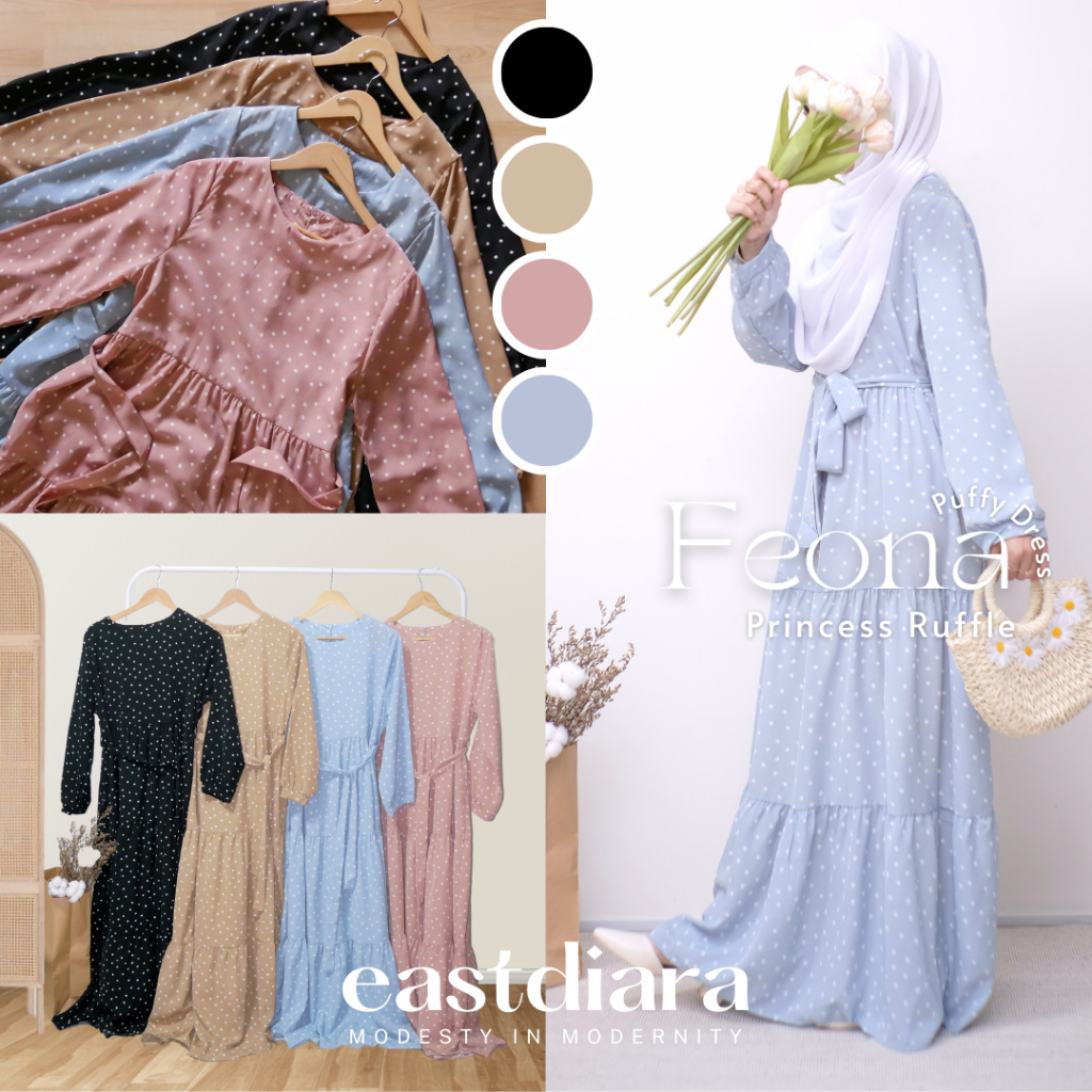 FEONA ชุดมุสลิมเจ้าหญิงอ้วน Kembang Flowy Picnic Pantai พิมพ์ Polkadot Baju Jubah Abaya