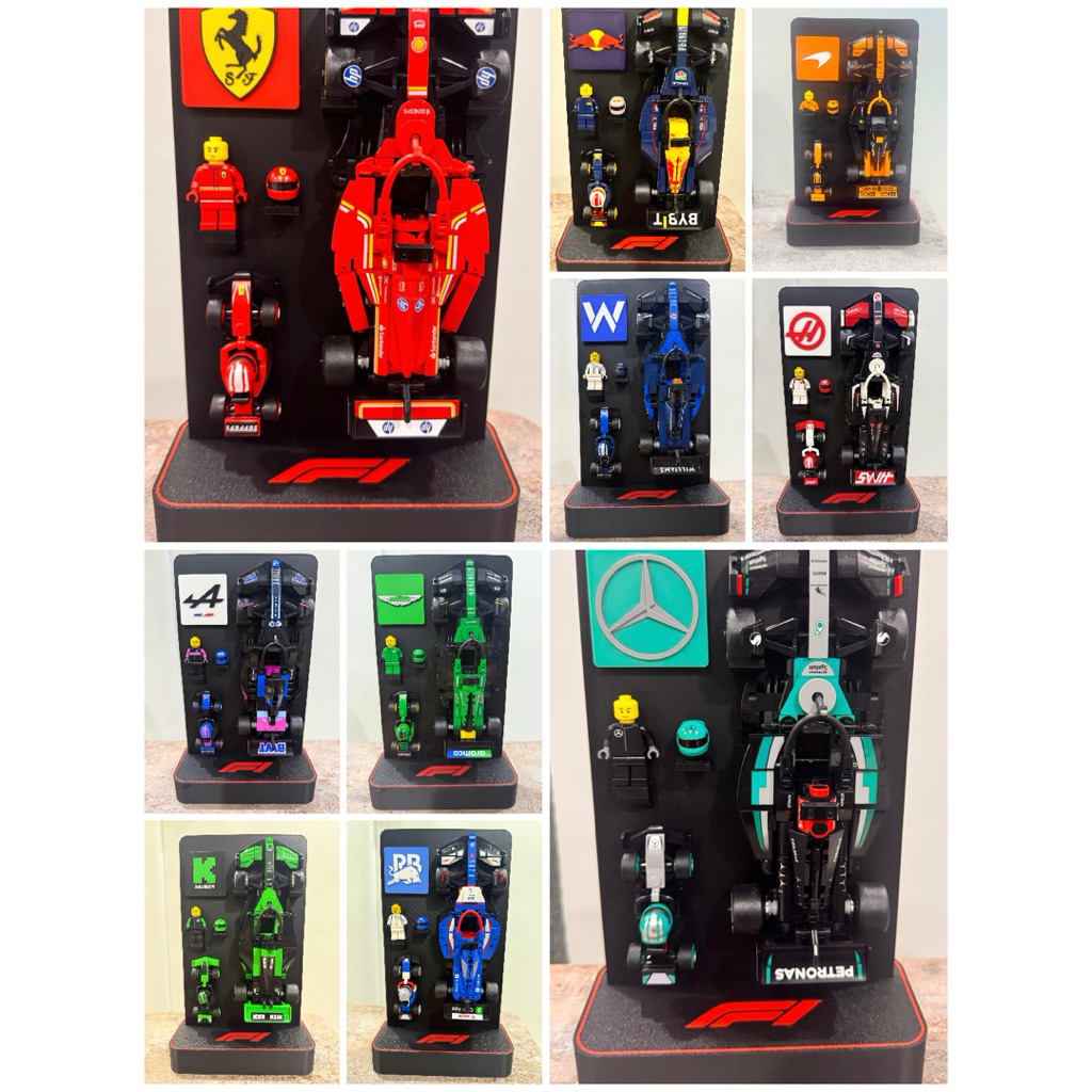Lego F1 2025 รถแข่ง + ขาตั้งรถแข่ง Lego F1 Minifigures
