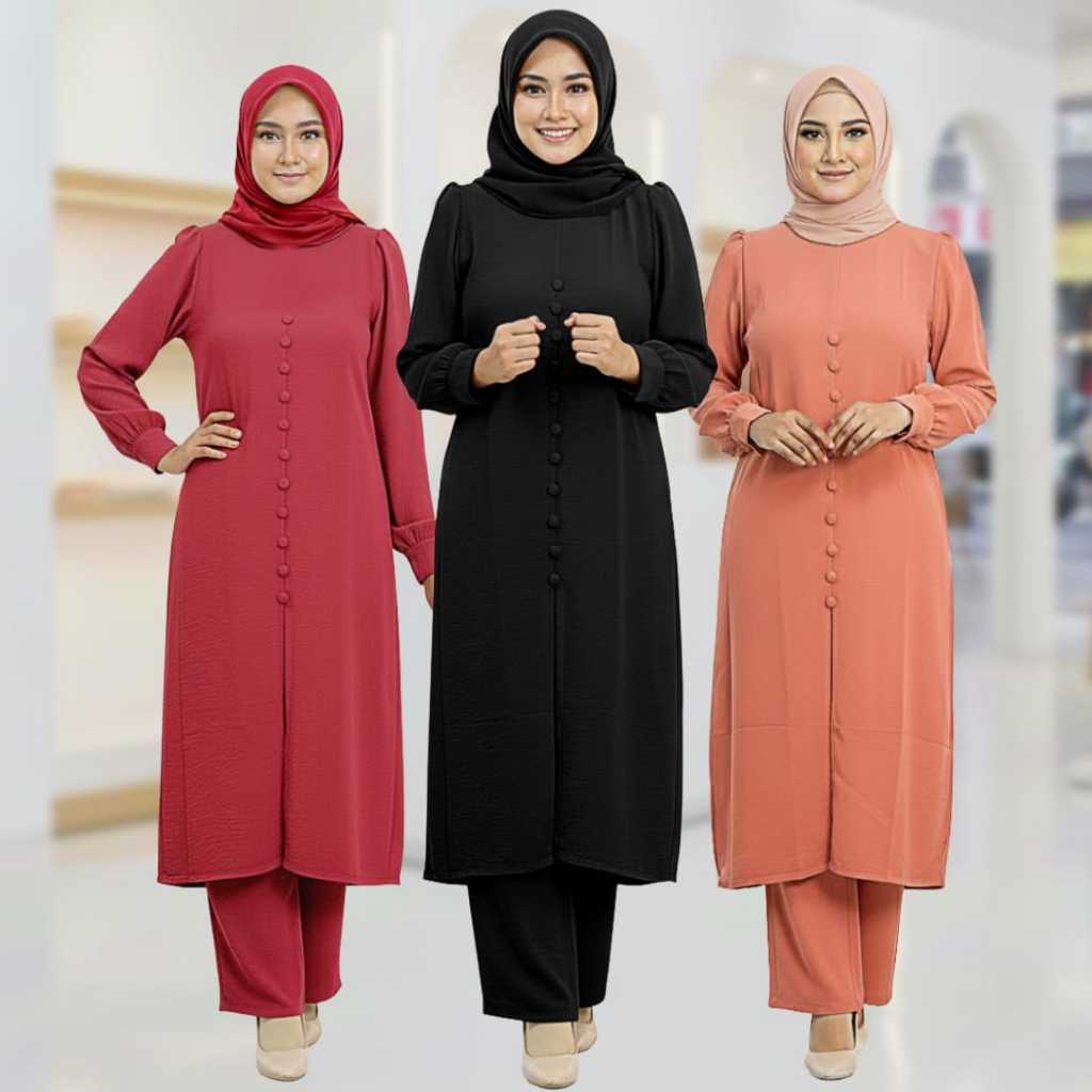 ใหม่ Suite Set Baju MuslimahTrendy แฟชั่นแขนยาว Kain Cey Ironless Ada Bahu Di Puff