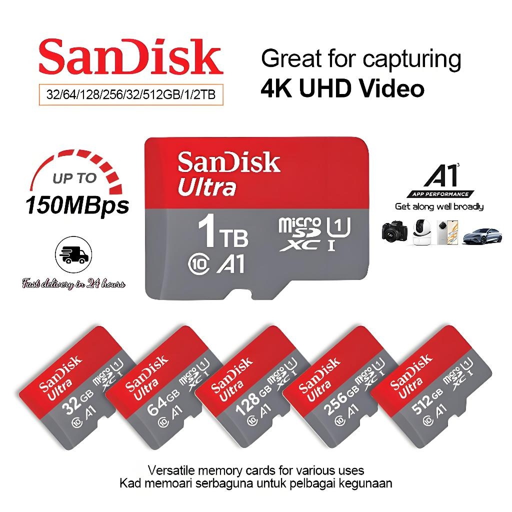 SanDisk 128GB 256GB 512GB A1 Ultra Micro SDXC SanDisk 128GB Ultra MicroSD การ์ดหน่วยความจํา SanDisk 