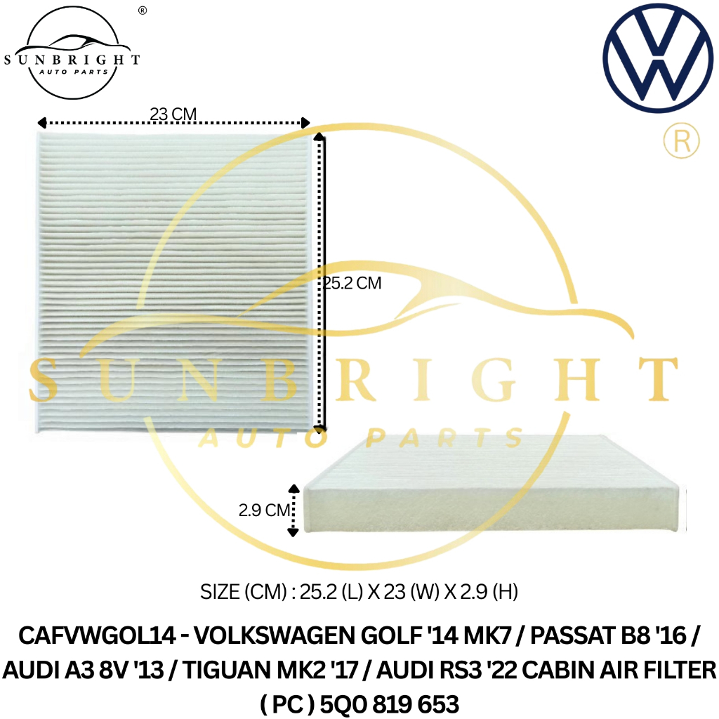 VOLKSWAGEN GOLF 14 MK7 / PASSAT B8 16 / AUDI A3 8V 13 / TIGUAN MK2 17 / AUDI RS3 22 CABIN AIR FILTER