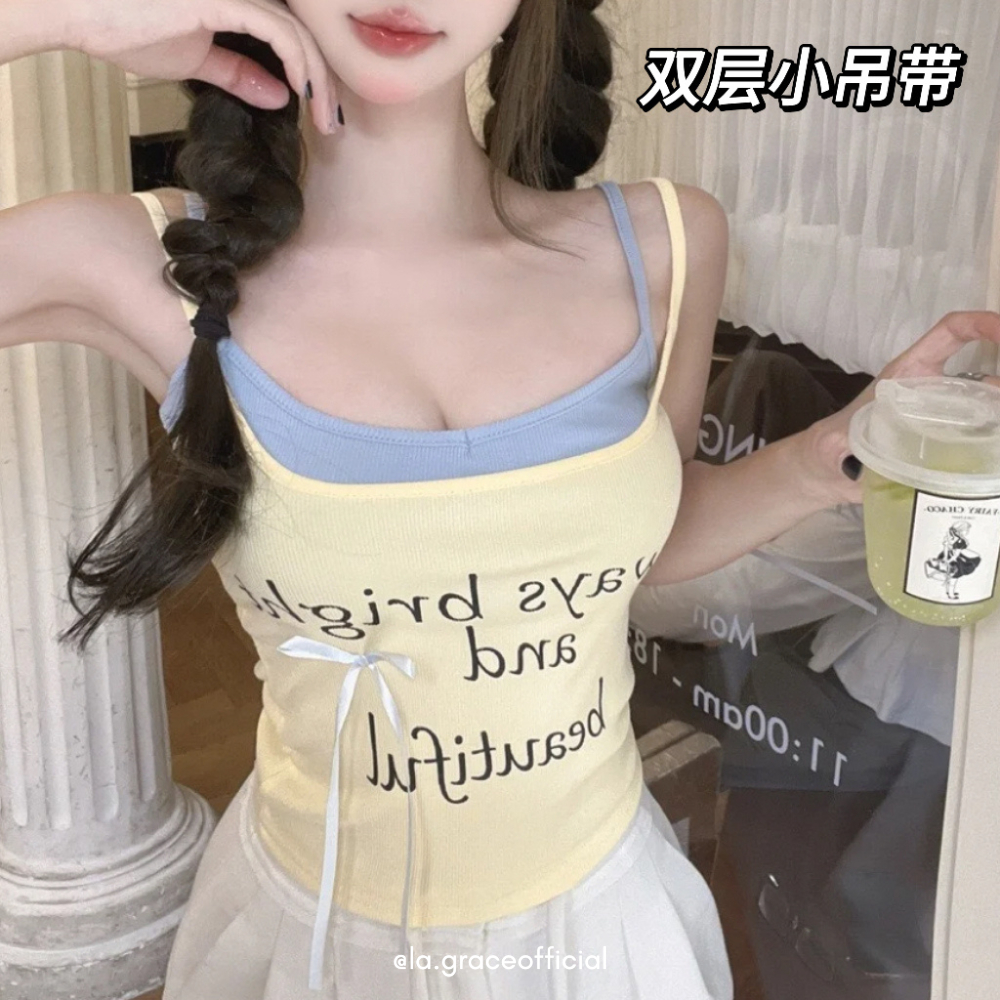 LA.GRACE OFFICIALเสื้อกล้ามสองชั้นหวานเกาหลี/สายเดี่ยวริบบิ้นน่ารัก/เสื้อกั๊กถักทรงเข้ารูป/ชุดสุนทรี