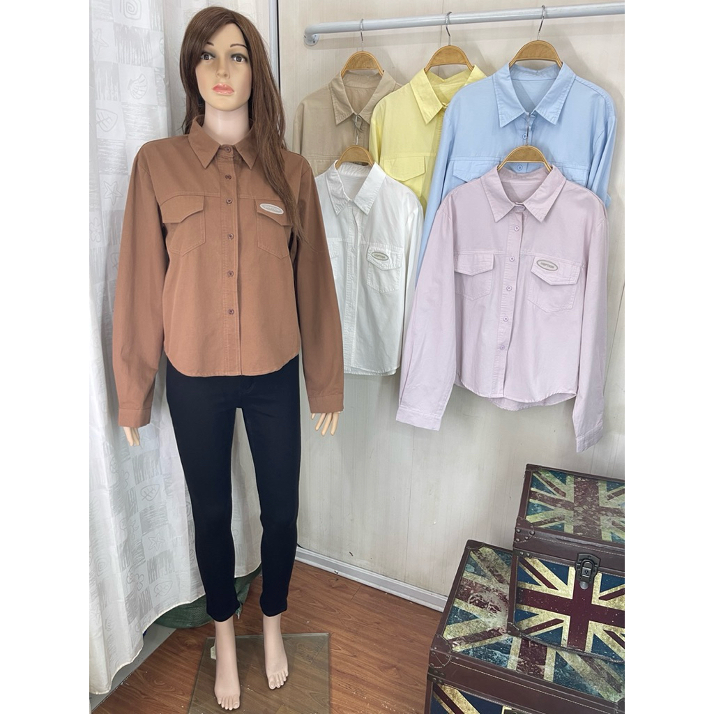 Ez2match เสื้อเชิ้ตผ้าฝ้ายพรีเมี่ยมกระเป๋าคู่ Chic (6 สี) - Loose Fit Basic/Commute Wear