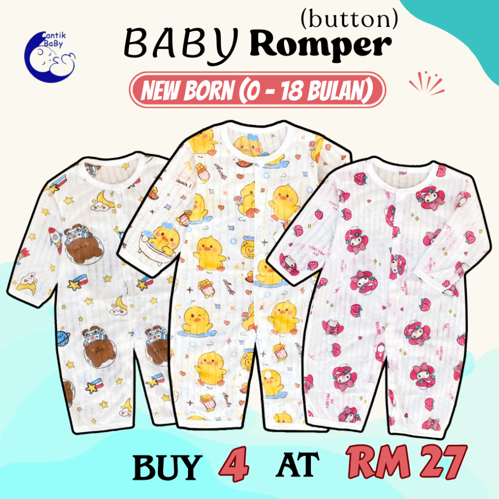 CantikBaby Romper Bayi แขนขาสั้น (0-6 หลอด) Sesuai Cuaca Panas Harian Comel ผ้าฝ้ายเด็กแขนยาว Romper