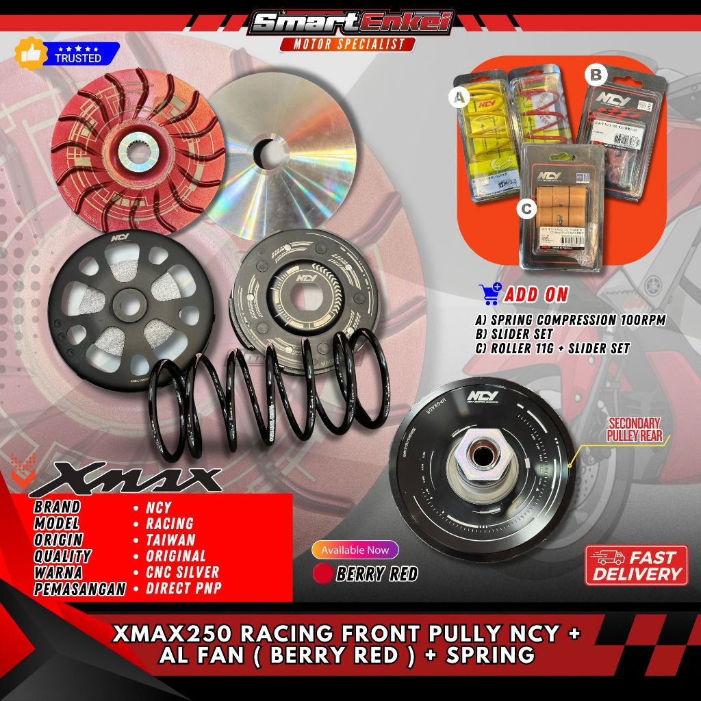 XMAX250 RACING FRONT PULLEY NCY + AL FAN ( BERRY RED ) + SPRING PART 1