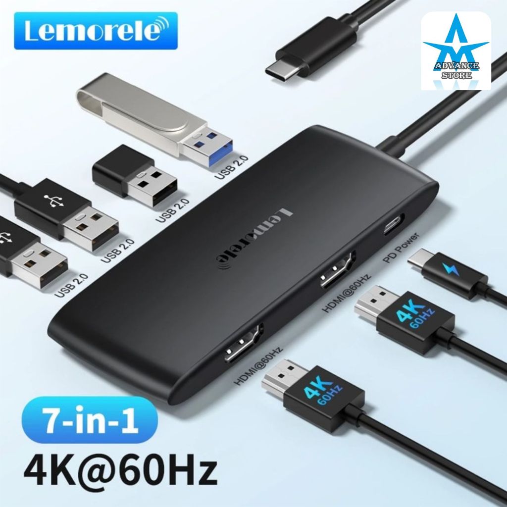 Lemorele TC510 แท่นวาง 7-in-1 ฮับ USB dual HDMI 4K 60hz เอาต์พุต USB A 3.0/PD 100W รองรับ Windows/Ma
