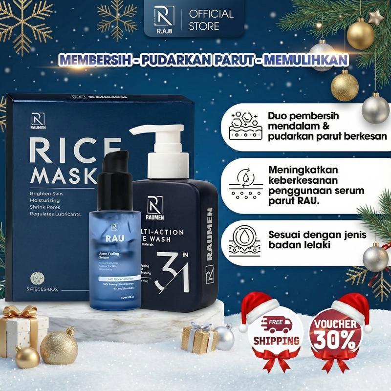 RAUMEN ชุดผลิตภัณฑ์ดูแลผิว 3 ขั้นตอนสําหรับผู้ชาย - ล้างหน้า + + มาส์กข้าว | ไบรท์เทนนิ่ง แอนด์ แอคเ