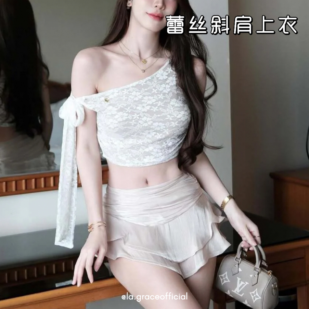 LA.GRACE อย่างเป็นทางการสไตล์เกาหลีลูกไม้หนึ่งไหล่ผู้หญิง Slim Fit เซ็กซี่ปิดไหล่ Crop Top Elegant เ