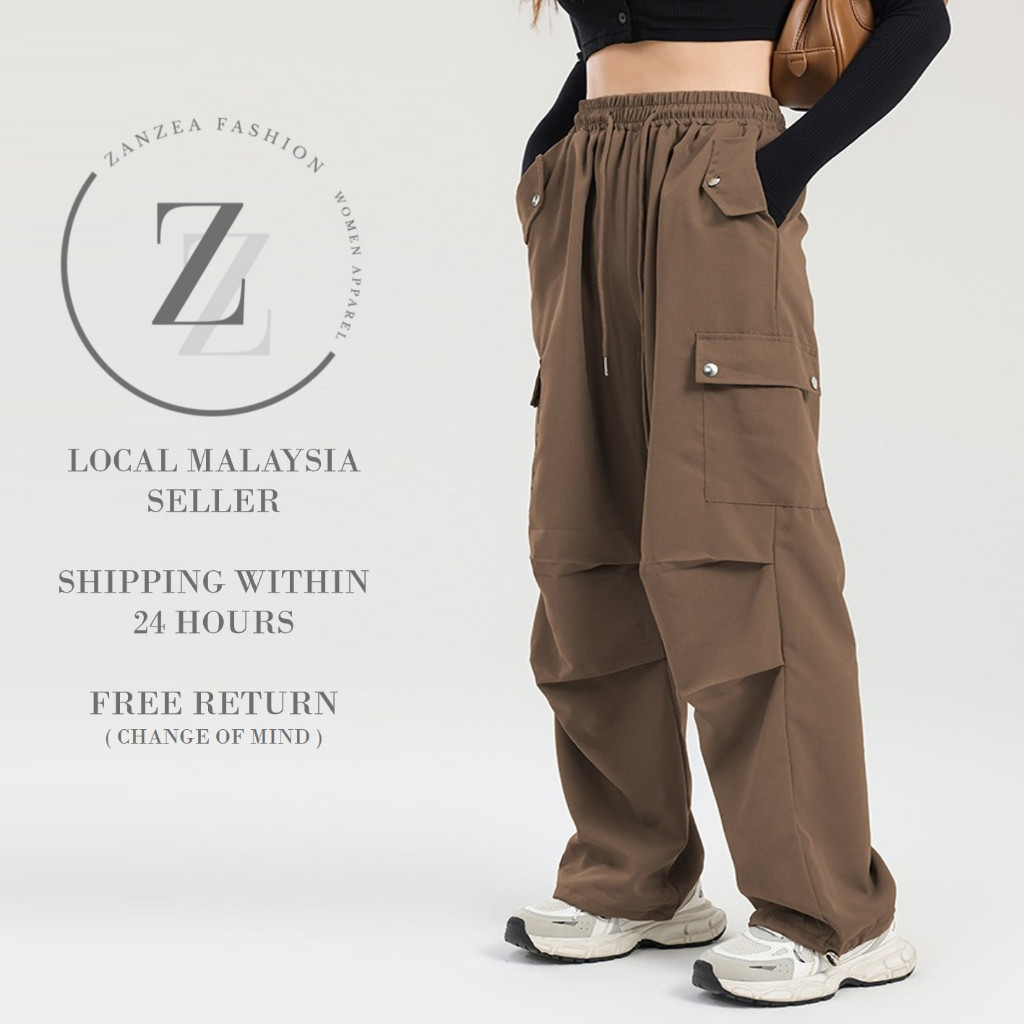 ZANZEA Alicia Womens High Waisted Drawstring Loose Fit Multi-Pocket Cargo Seluar Perempuan [P2/930]